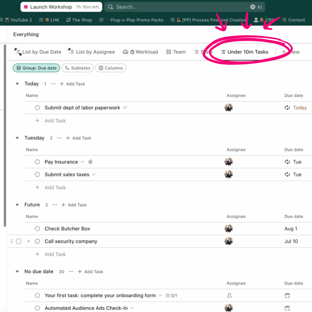 ClickUp Under 10m Tasks